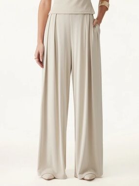 NWT OGL Sandwashed Mid Rise Pleated Wide Leg Palazzo Pants with Pockets in cream